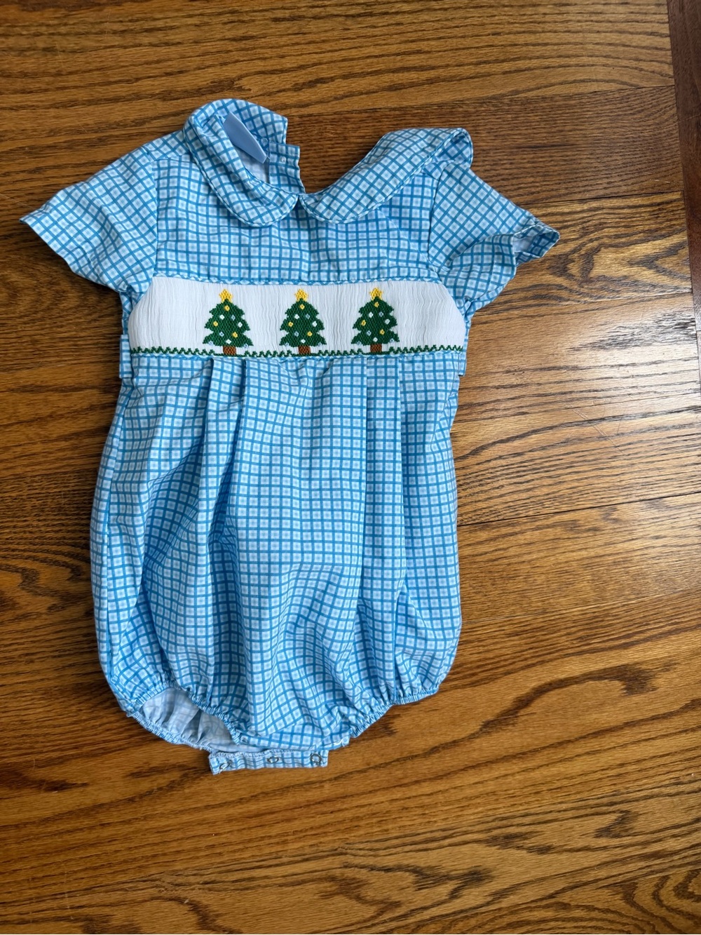 Blue Gingham Smocked Baby One-Piece with Green Tree Motif